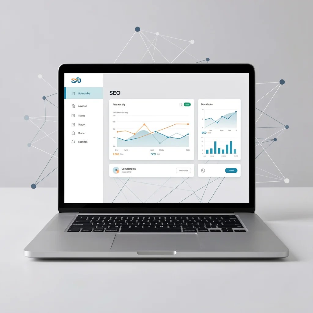 Mockup minimalista de laptop com painel SEO abstrato e linhas de conexão de dados