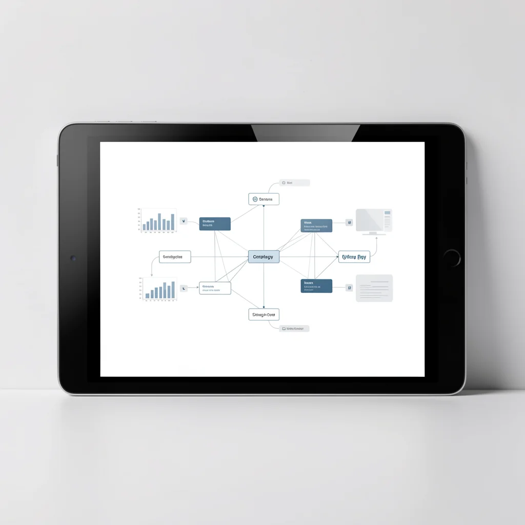 Tablet exibindo mapa mental abstrato de estratégia de conteúdo com nós e barras de dados