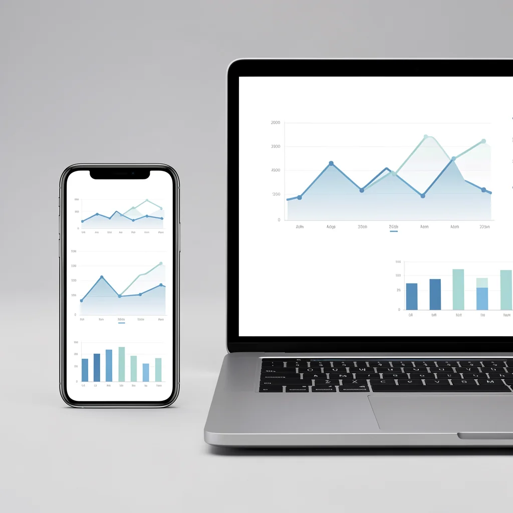 Smartphone e laptop lado a lado com painéis analíticos abstratos de gráficos de linha e barra