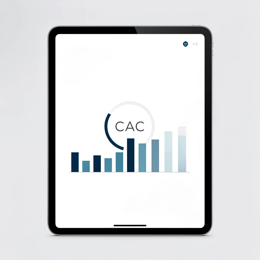 Mockup de tablet com dashboard financeiro minimalista mostrando gráfico de barras e métrica CAC abstrata