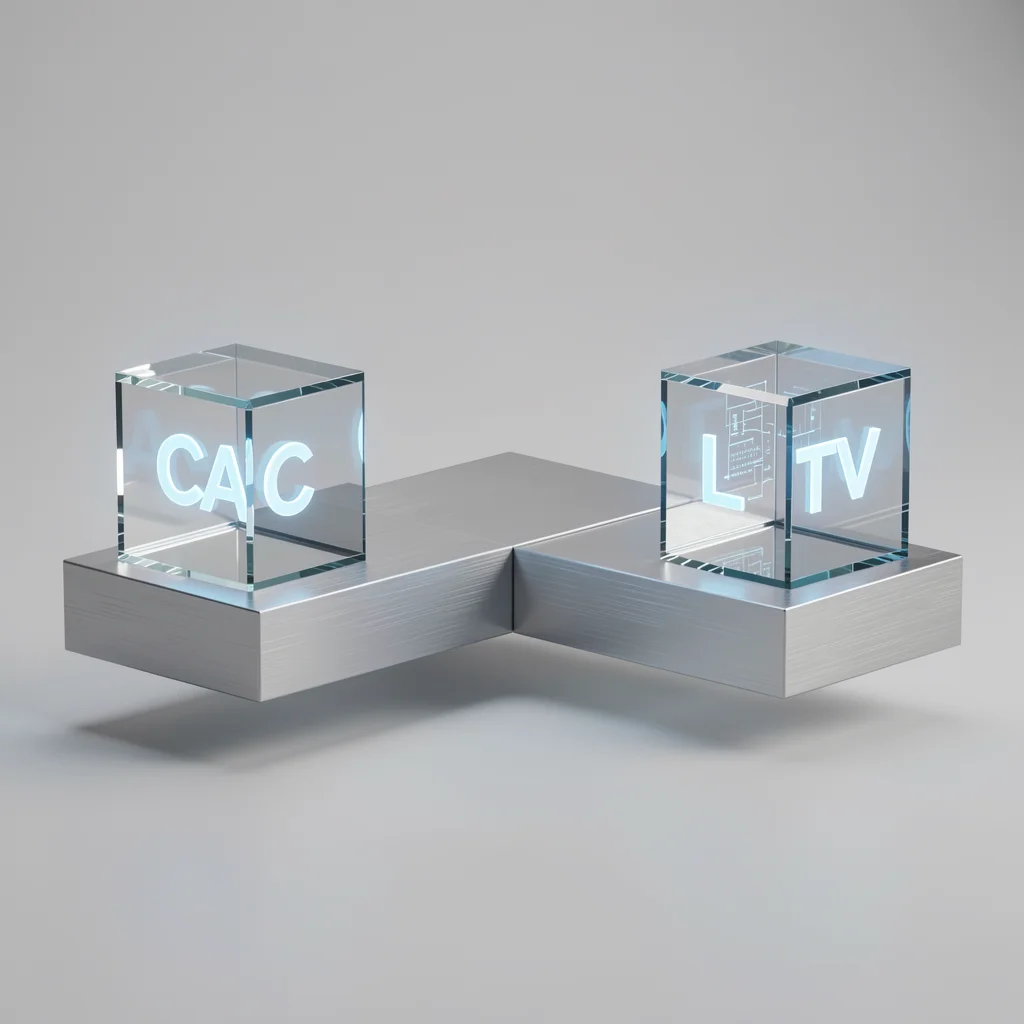 Balança metafórica de alumínio e vidro com cubos de dados representando CAC e LTV