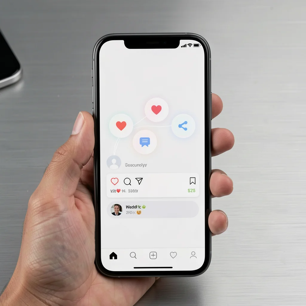 Smartphone sendo segurado por uma mão, com tela mostrando perfil de rede social com ícones de engajamento abstratos
