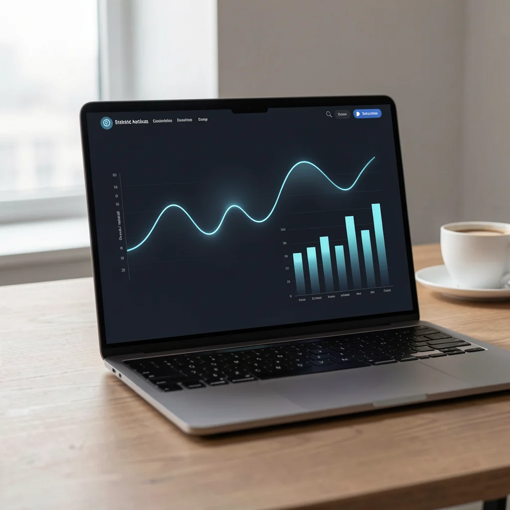 Notebook aberto com dashboard abstrato exibindo gráficos de linhas e barras iluminados