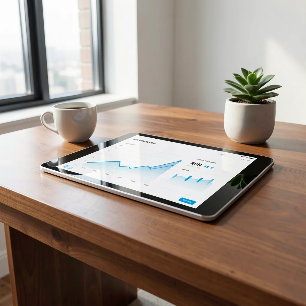 Tablet exibindo dashboard analítico com gráfico de tendência de RPM ascendente