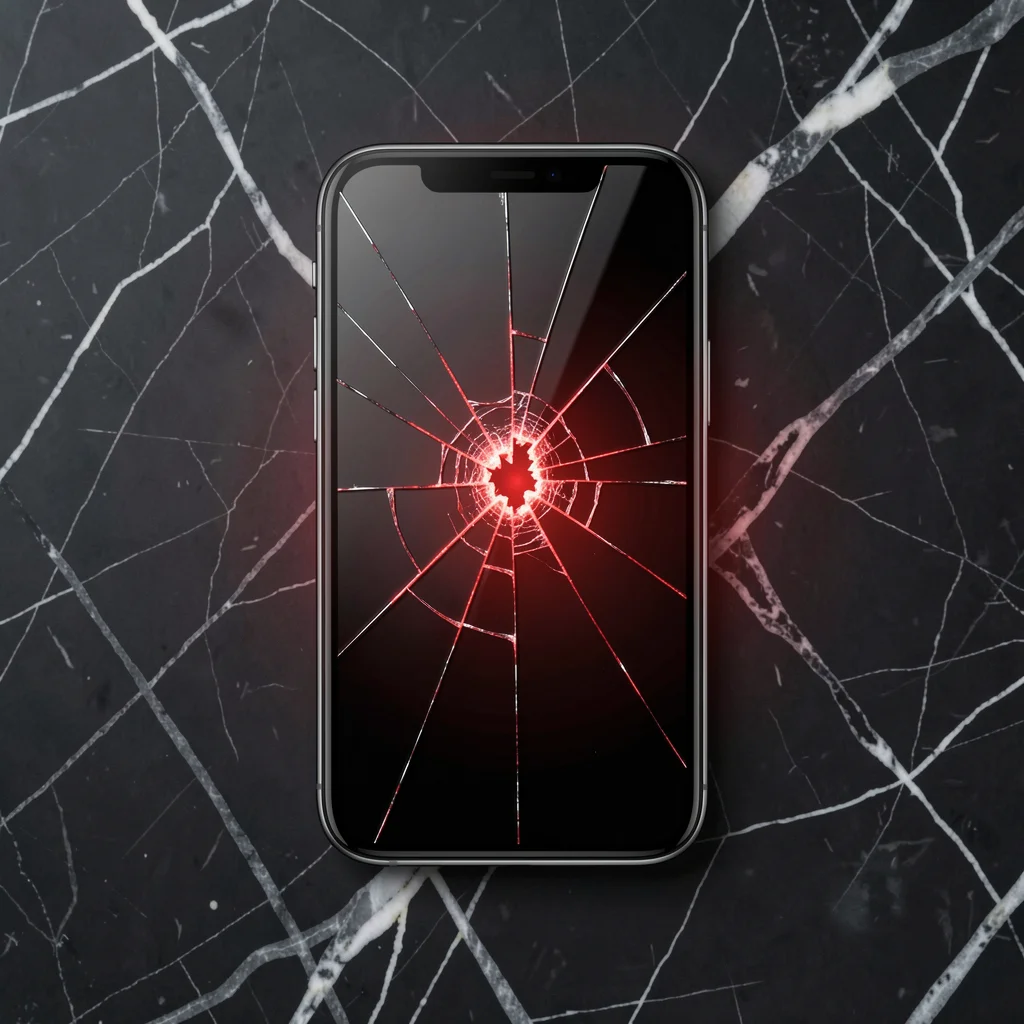 Tela de smartphone quebrada com brilho vermelho sobre superfície de mármore escuro
