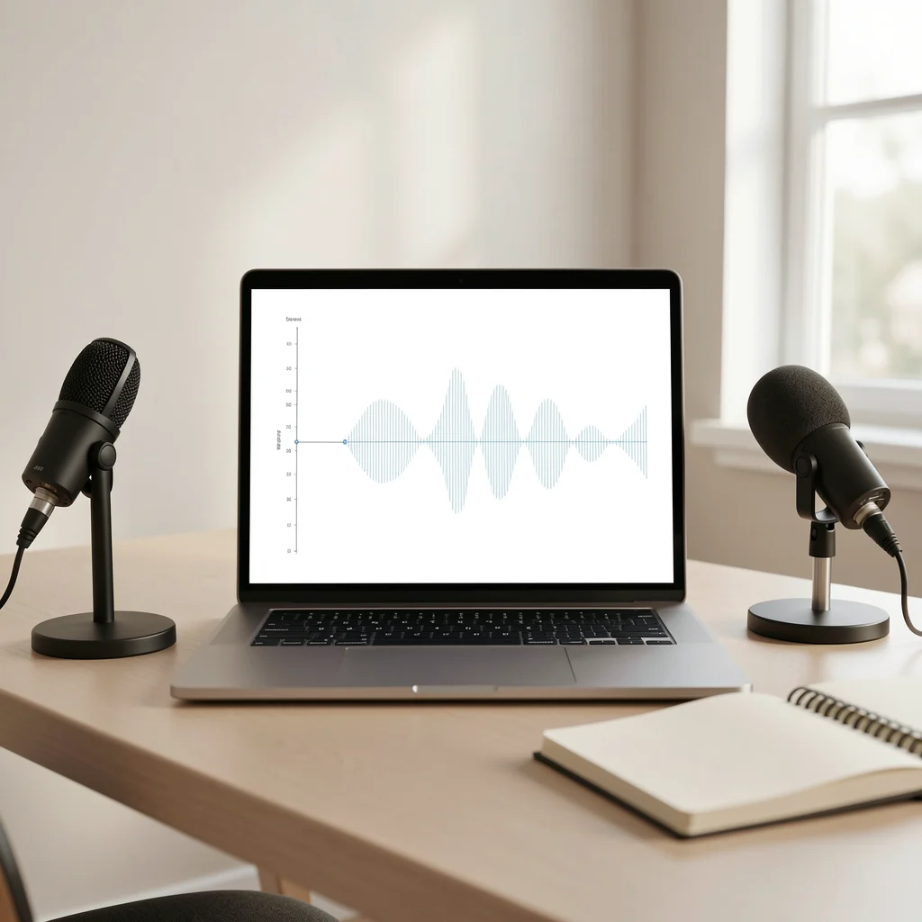 Mesa minimalista com laptop exibindo linha do tempo de animação, microfone e caderno