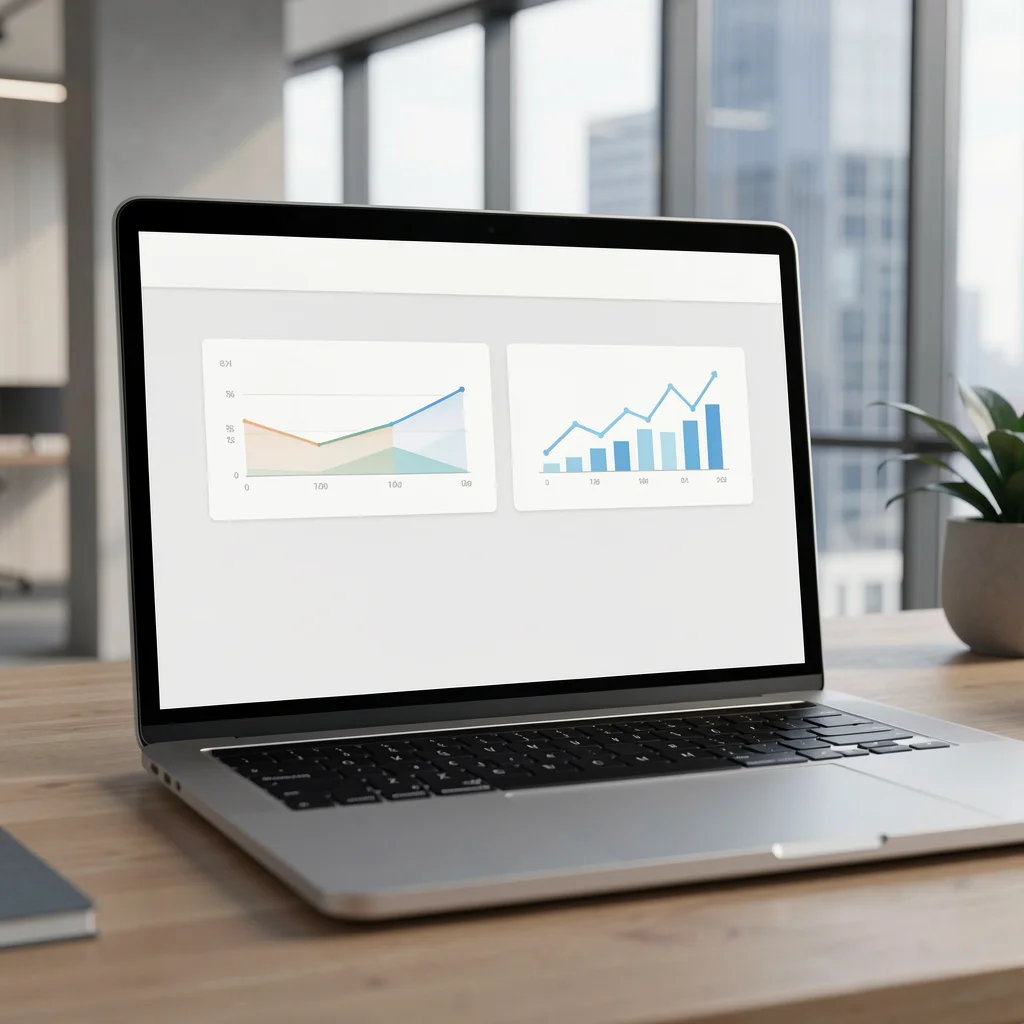Dashboard minimalista de gestão de assinaturas em laptop prateado com gráficos abstratos