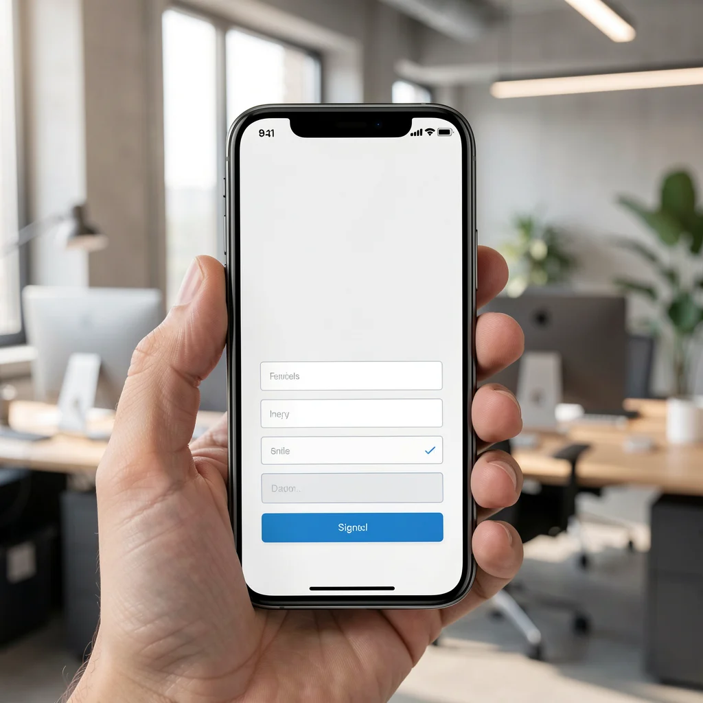 Smartphone com landing page minimalista para captura de pré-assinantes
