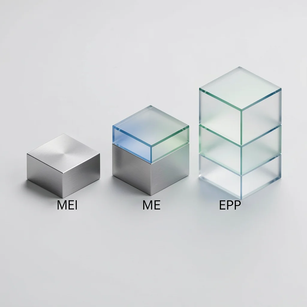Comparação visual abstrata de três portes empresariais: MEI, ME e EPP, representados por blocos metálicos e de vidro em estilo corporativo minimalista.