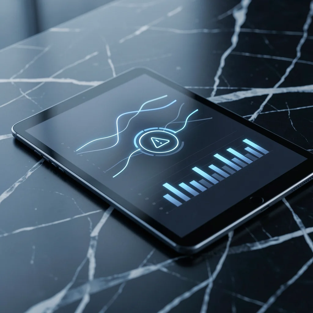 Dashboard abstrato em tablet com gráficos e alerta visual, simbolizando obrigações fiscais e monitoramento pós-abertura de CNPJ.