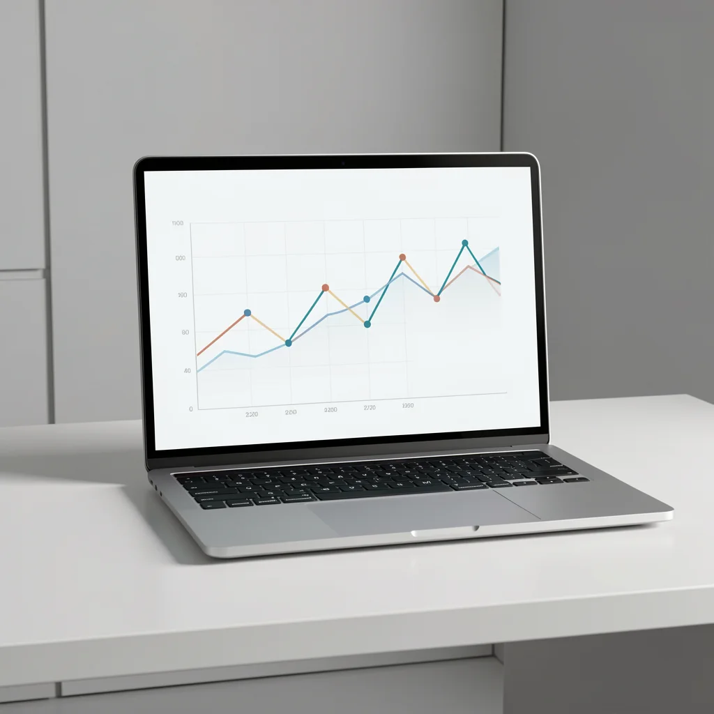 Dashboard abstrato com gráficos de tendência em laptop moderno sobre mesa minimalista