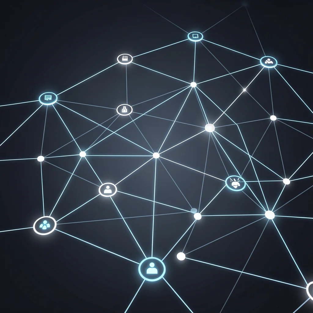 Rede de luz conectando nós de dados abstratos em fundo escuro, simbolizando inteligência artificial