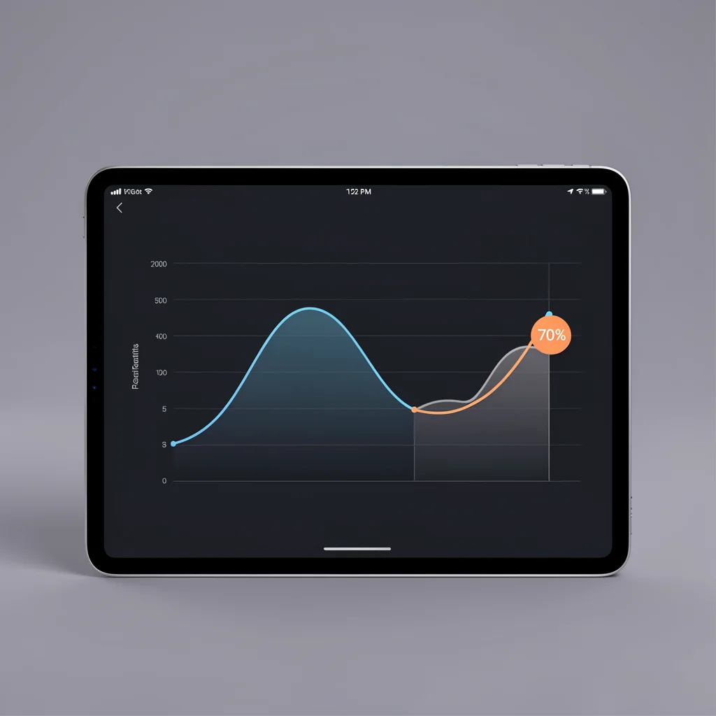 Tablet exibindo dashboard de analytics com gráfico de linha e marcador de retenção de 70%