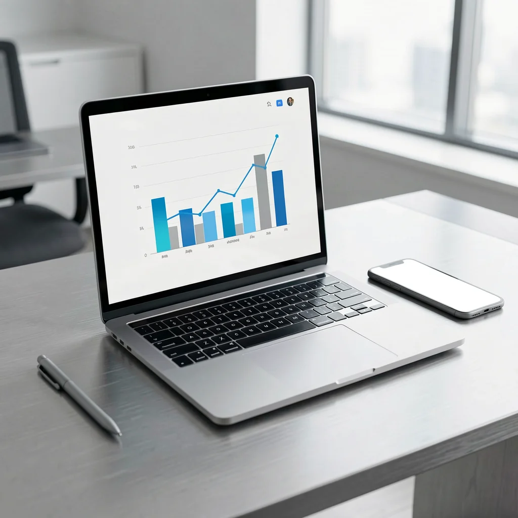 Mesa com laptop exibindo dashboard abstrato e smartphone ao lado, representando ferramentas gratuitas de prospecção.
