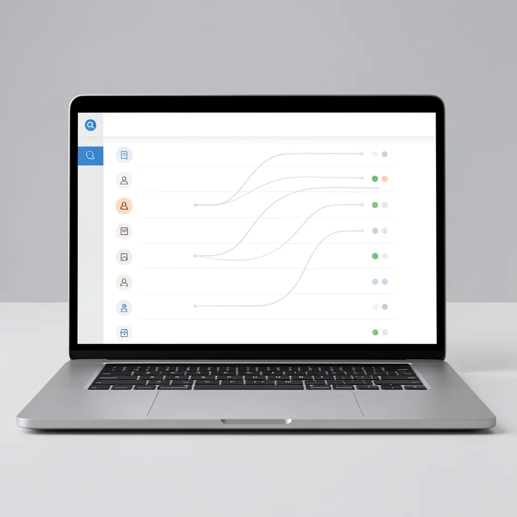 Mockup de tela de laptop com uma lista de contatos abstrata e linhas de conexão, simbolizando a construção de uma lista de prospects qualificada