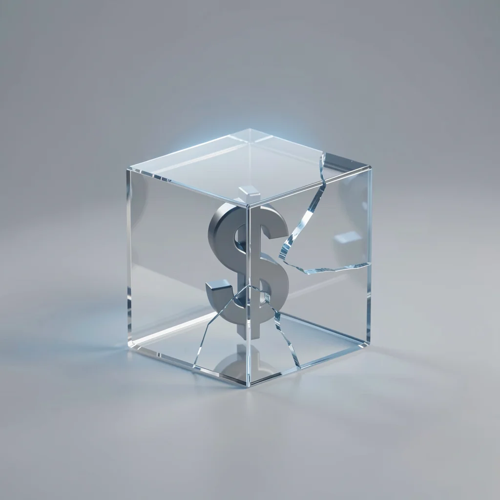 Cubo de vidro transparente com símbolo de dólar rachado, representando objeções de preço em vendas de serviços.