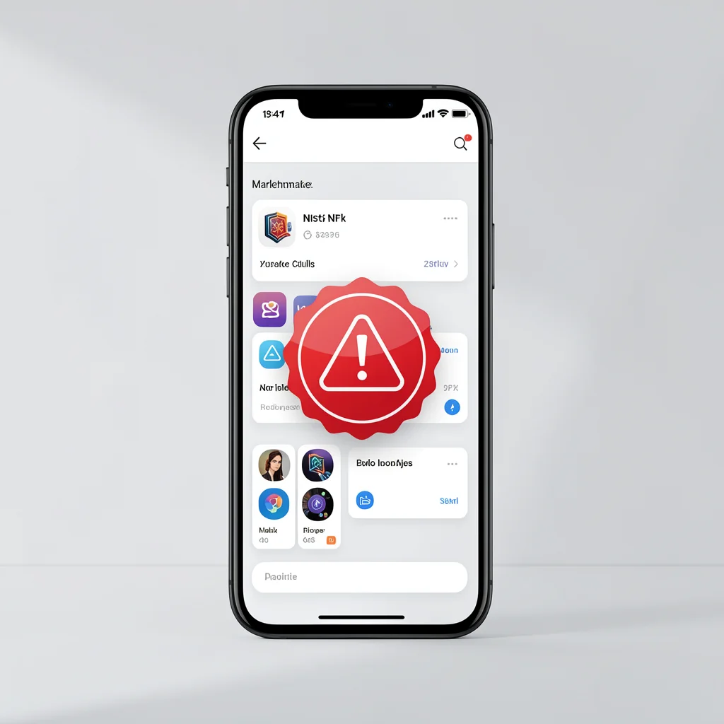 Smartphone exibindo interface de marketplace de NFT com selo de alerta vermelho em estilo corporativo elegante