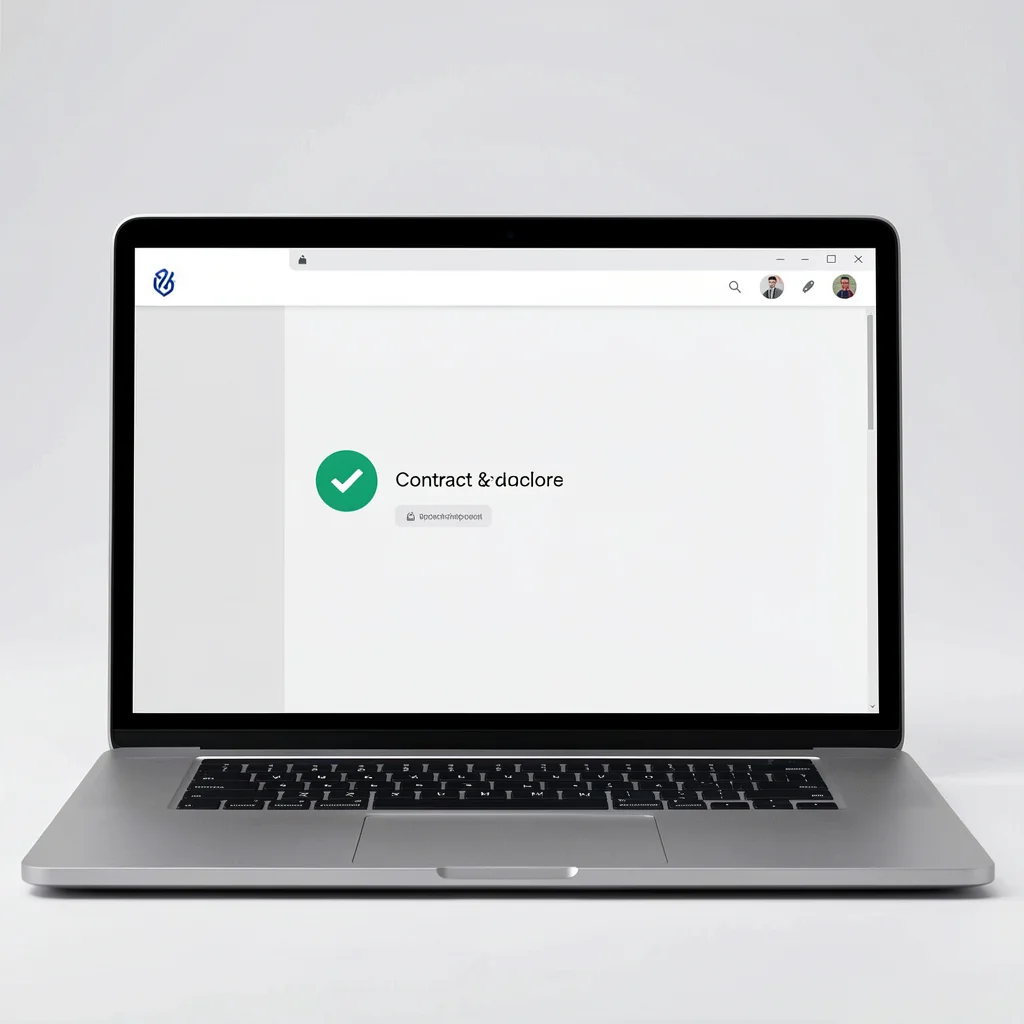 Laptop exibindo explorador de blockchain com ícone de verificação ao lado de endereço de contrato
