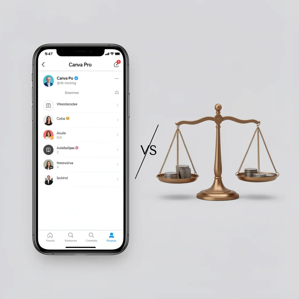 Smartphone com Canva Pro ao lado de uma balança com moedas