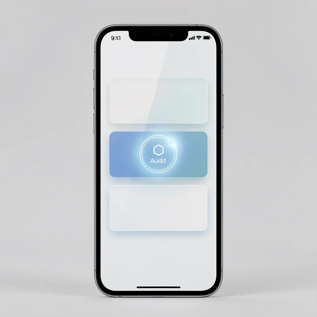 Dashboard minimalista em smartphone exibindo gestão de assinaturas com cartões translúcidos e ícone de auditoria