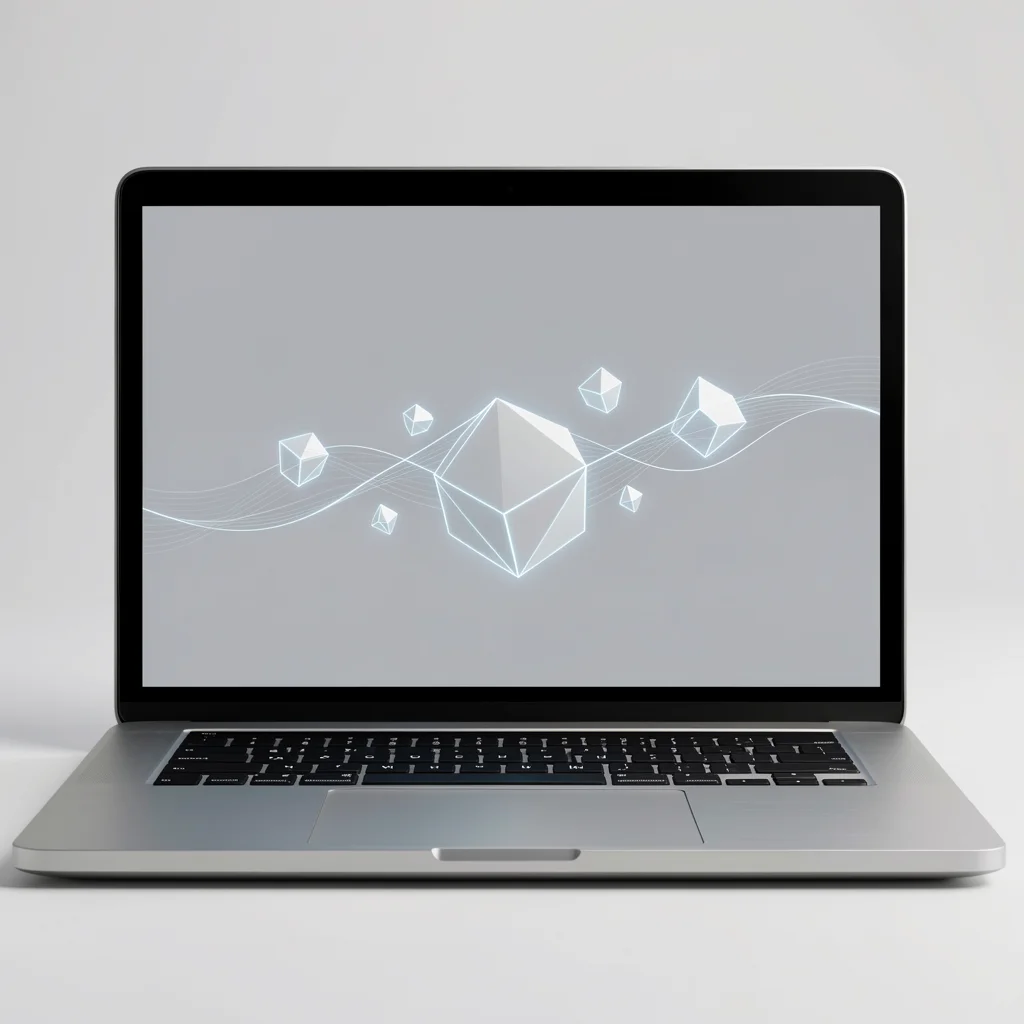 Notebook minimalista exibindo dashboard abstrato de controle de assinaturas com linhas brilhantes e formas geométricas