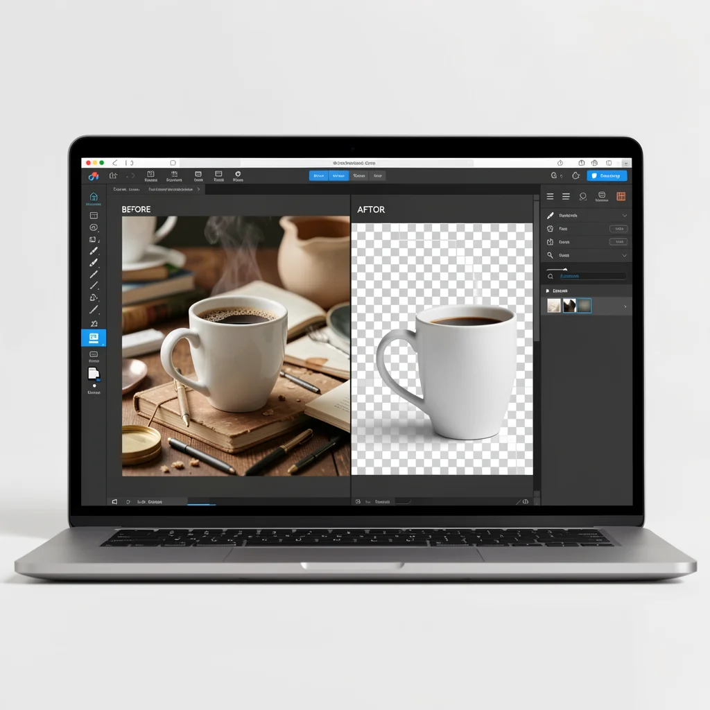 Mockup de tela de laptop mostrando interface de edição de fotos com divisão antes e depois da remoção de fundo de uma caneca