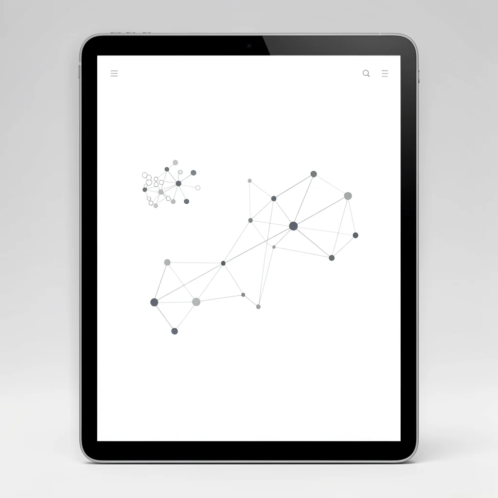 Interface de dashboard minimalista em um tablet premium, exibindo nós de dados e conexões geométricas.