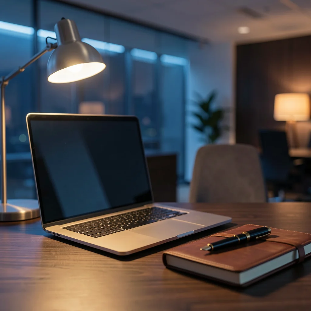 Mesa de escritório moderna com notebook e itens de papelaria, focada em organização e produtividade empresarial.