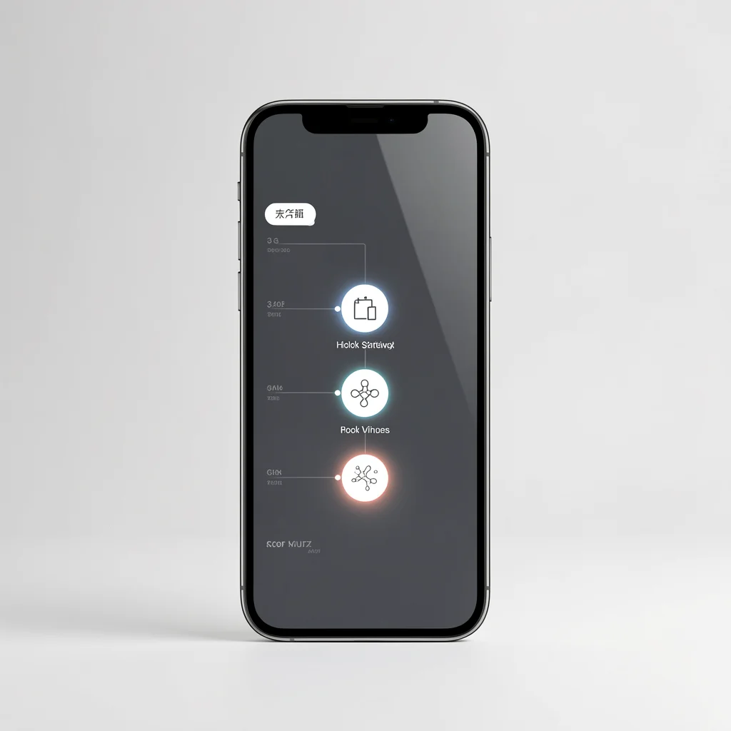 Smartphone exibindo linha do tempo vertical com três pontos brilhantes, representando a estrutura de três passos para prender a audiência