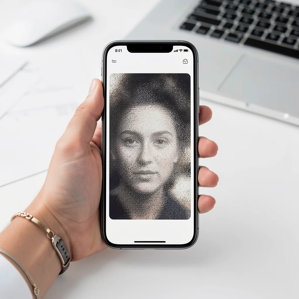 Smartphone exibindo imagem borrada com efeito mosaico, representando erro comum de exportação no Canva