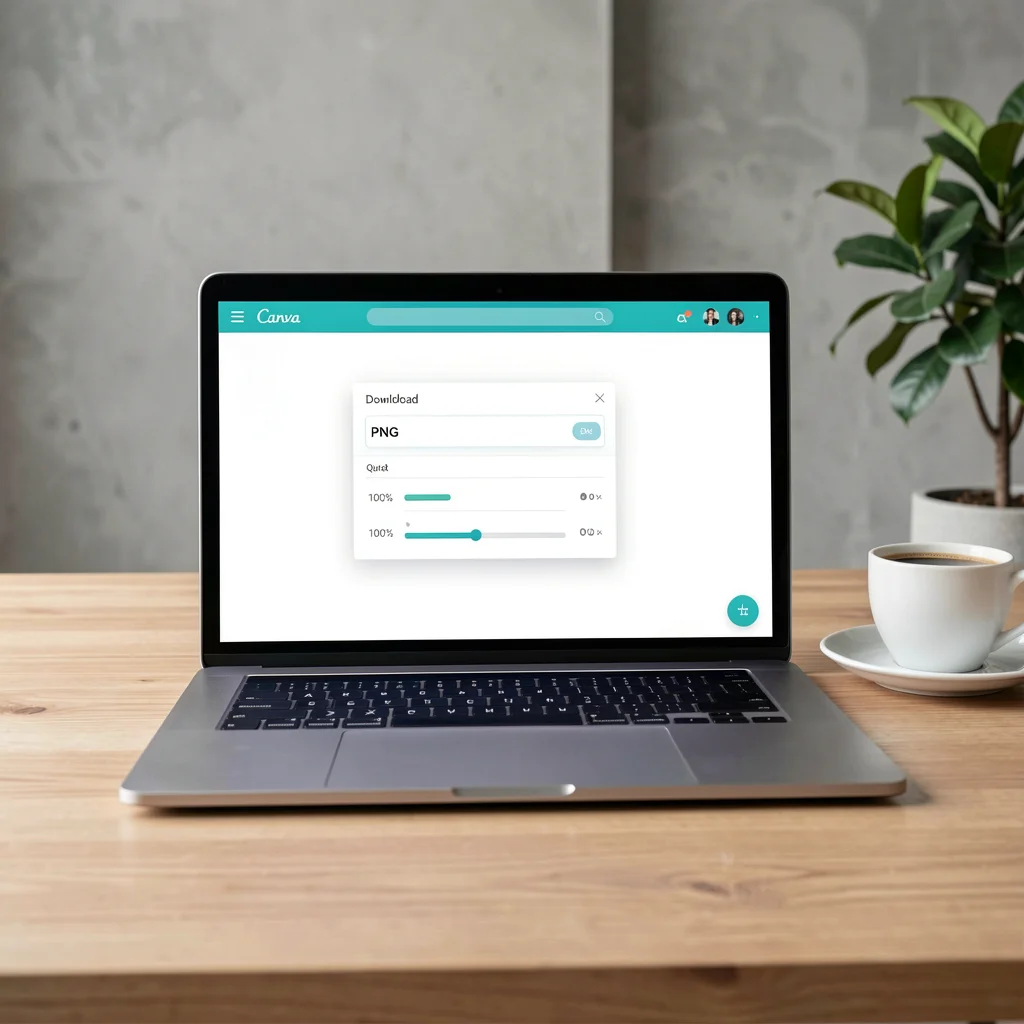 Notebook com interface do Canva exibindo opções de download em alta qualidade