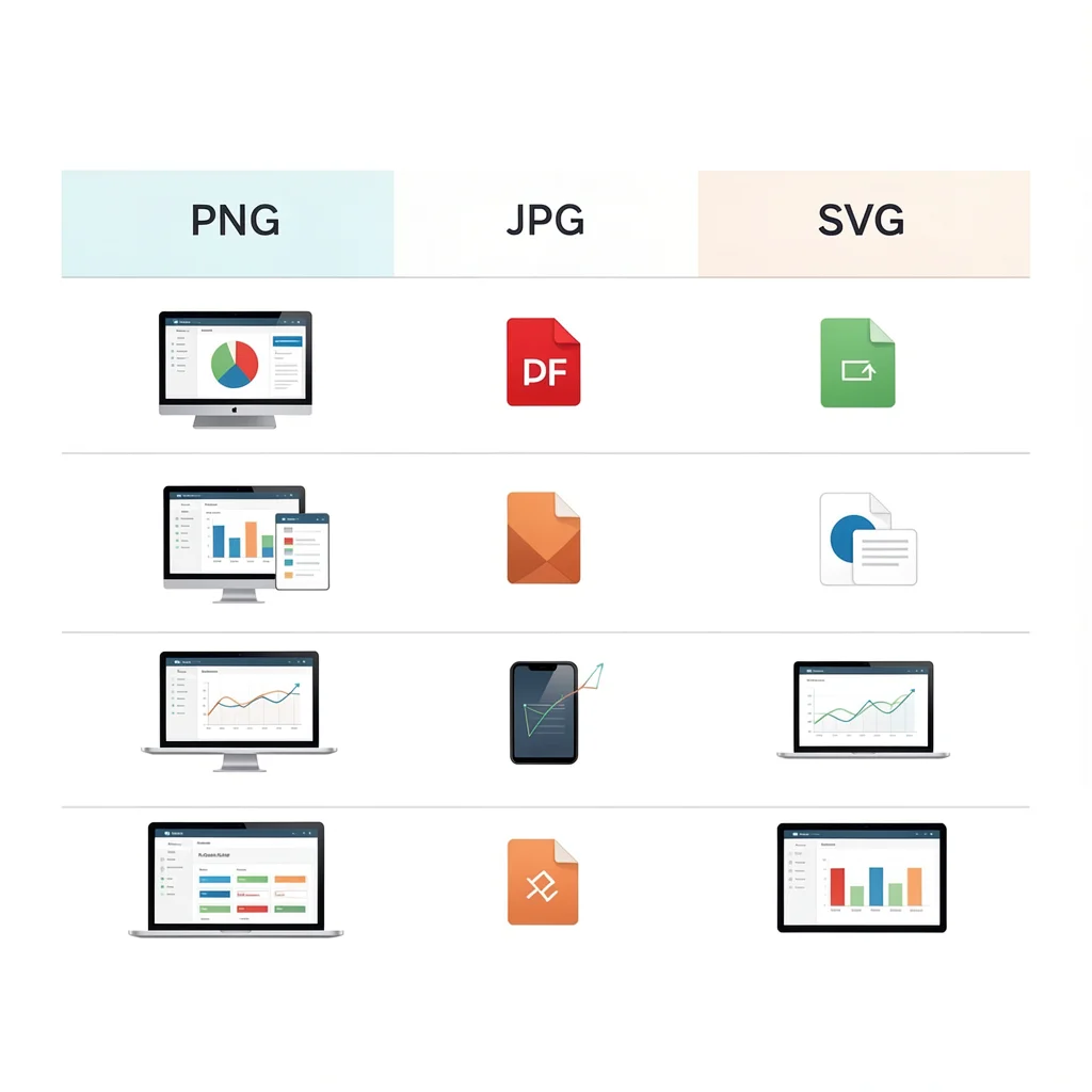 Infográfico comparativo dos formatos de imagem PNG, JPG, PDF e SVG com ícones e blocos de cores