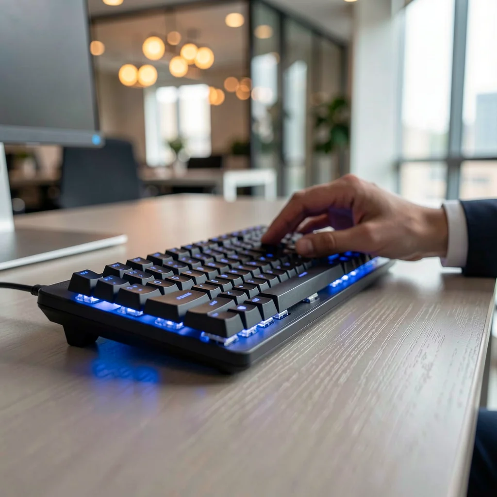 Mãos de um profissional em um escritório moderno com teclado mecânico iluminado ao fundo.