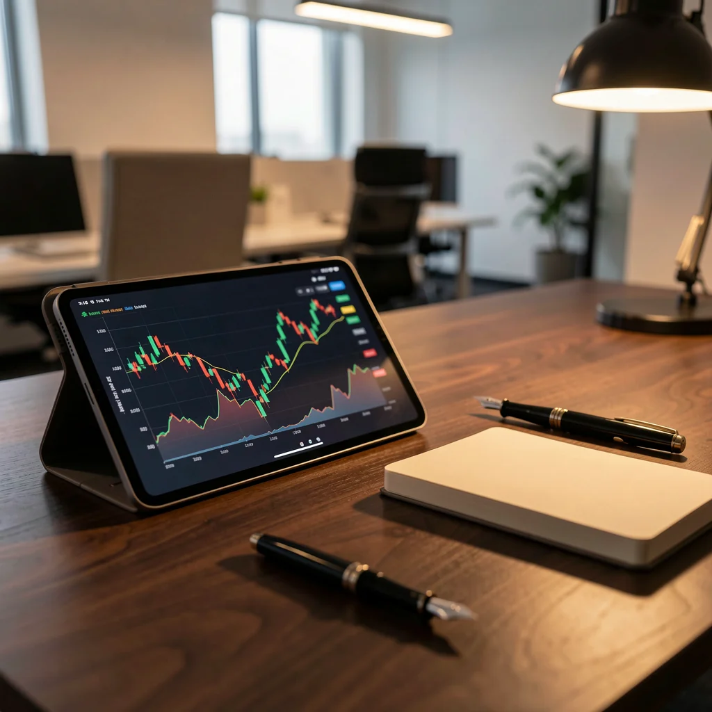 Mesa de escritório moderna com tablet exibindo gráficos financeiros e materiais de planejamento.