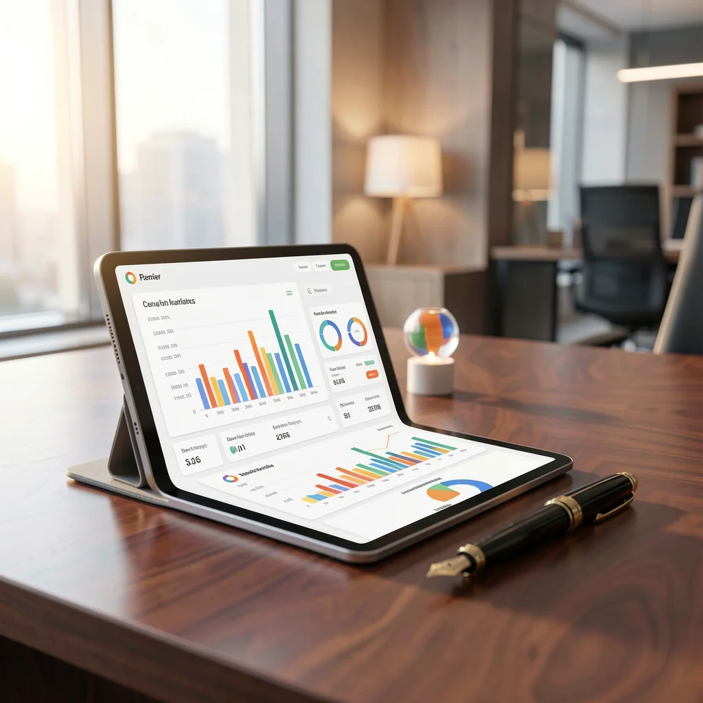 Tablet em uma mesa de escritório moderna exibindo gráficos financeiros limpos e profissionais.