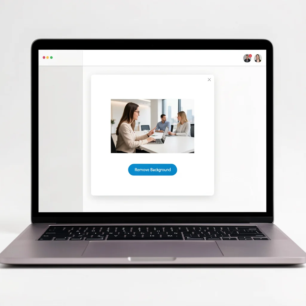 Tela de laptop exibindo interface do Canva com ferramenta de remoção de fundo destacada