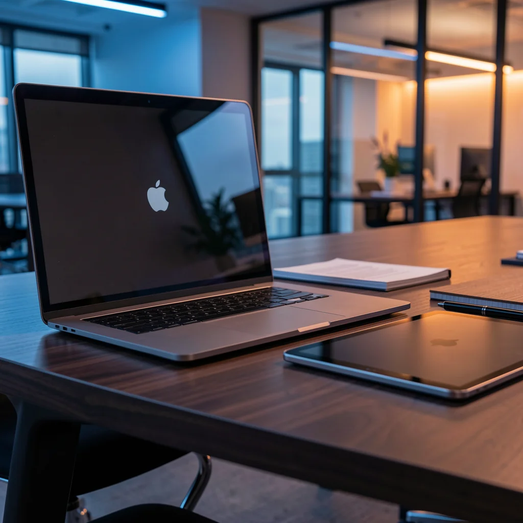 Espaço de trabalho moderno com notebook e tablet em uma mesa de madeira escura com iluminação profissional.