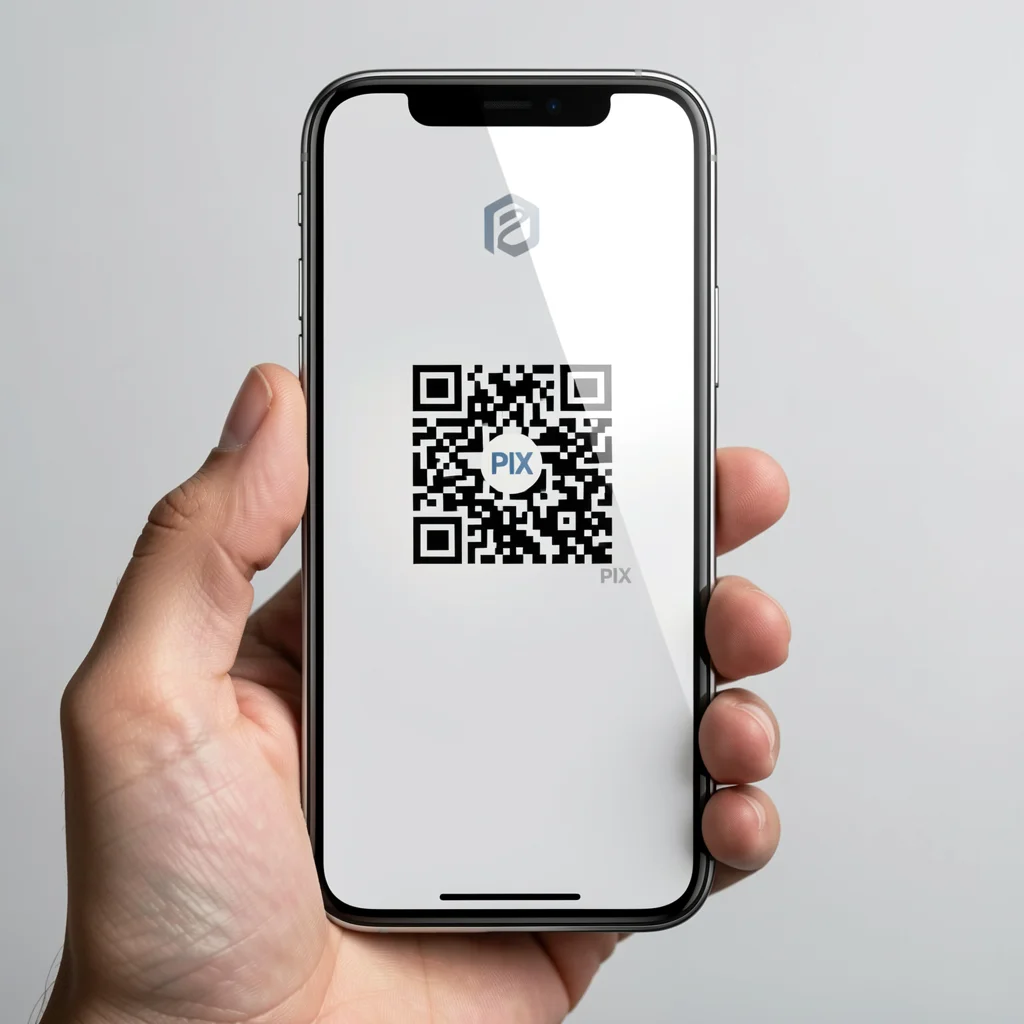 Smartphone com tela exibindo interface de pagamento PIX com código QR, mão segurando o dispositivo, fundo neutro iluminado