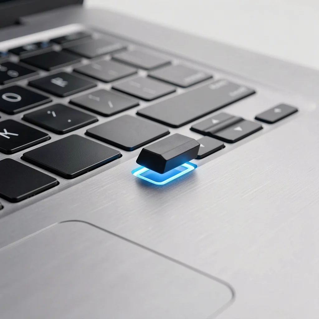 Teclado de laptop profissional com uma tecla levemente levantada e brilho azul, simbolizando solução de problemas