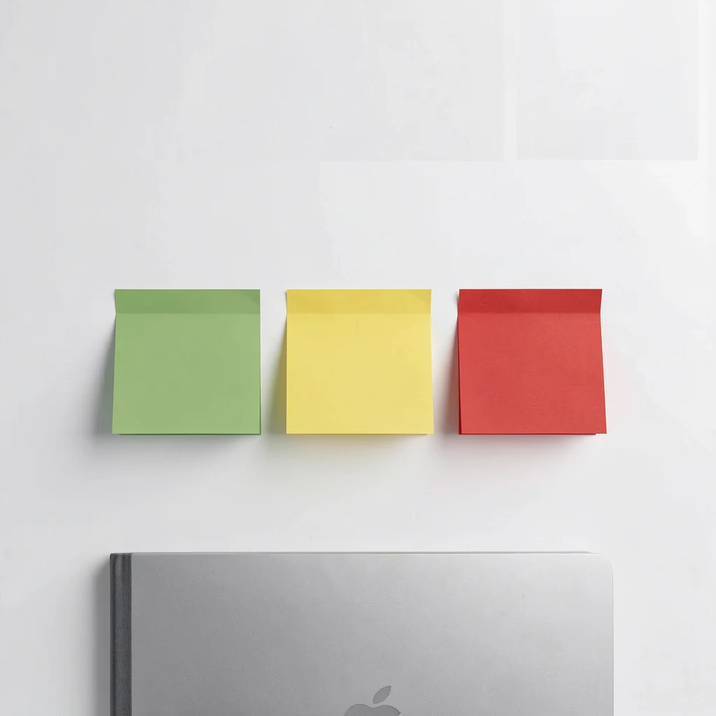 Três blocos de notas adesivas nas cores verde, amarelo e vermelho sobre uma mesa, representando a classificação de tarefas.