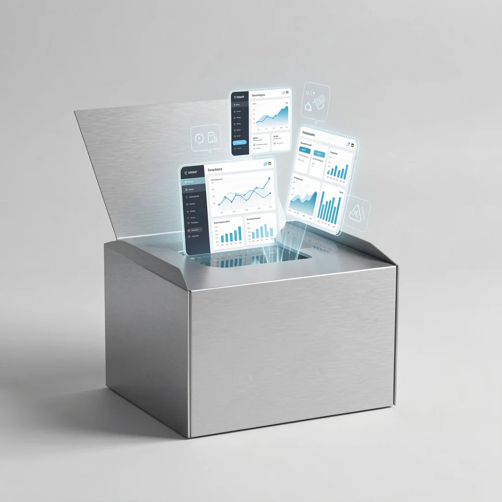 Uma caixa de produto minimalista com uma interface digital saindo de dentro, simbolizando a produtização de conhecimento.