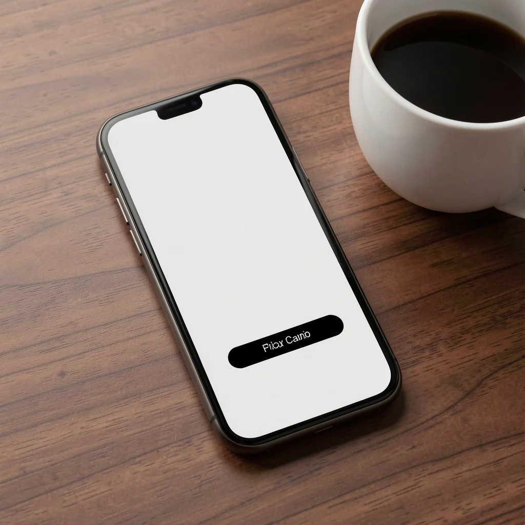 Mockup de smartphone sobre mesa de madeira mostrando uma landing page minimalista com botão de ação central