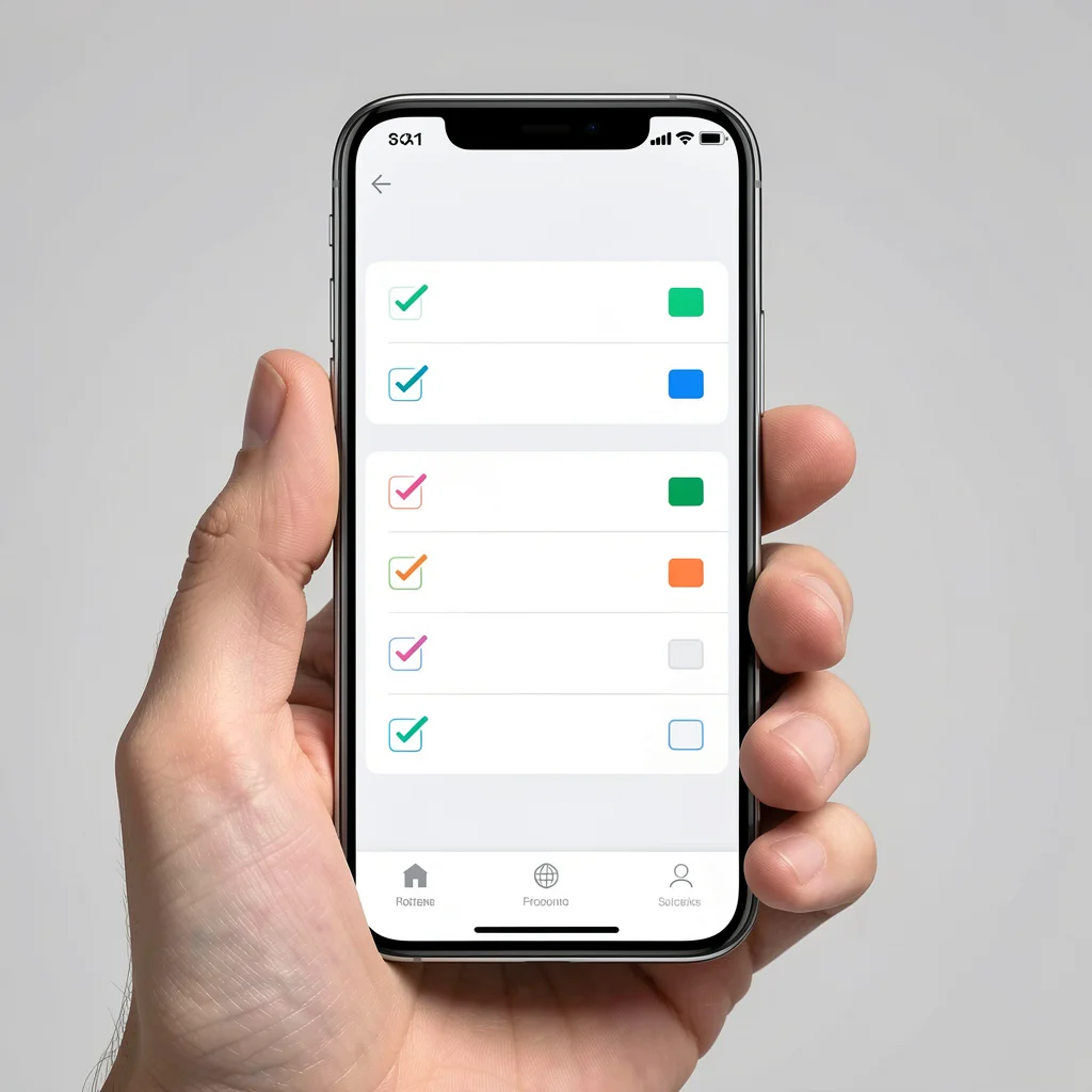 Mão segurando smartphone com interface de aplicativo de tarefas minimalista e indicadores de prioridade abstratos