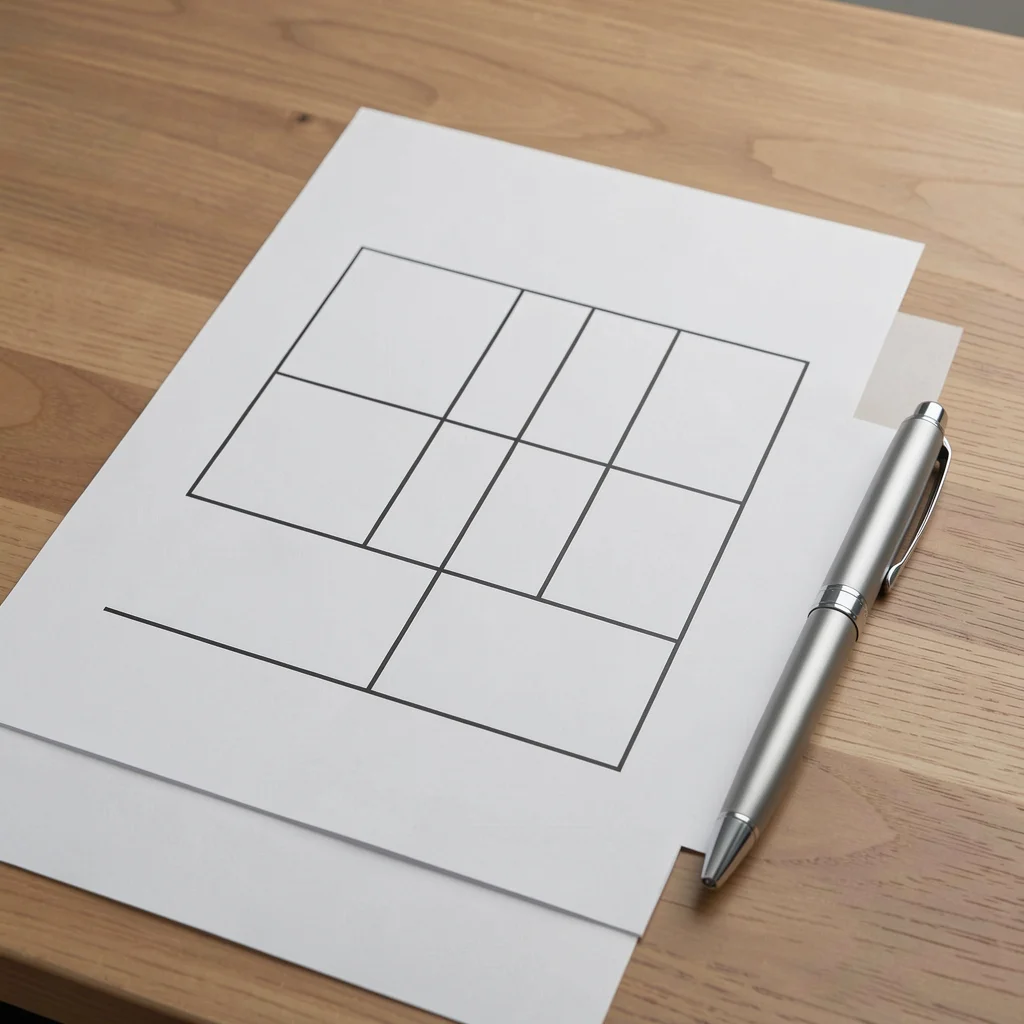 Folha de papel minimalista sobre mesa com caneta, exibindo layout abstrato para planejamento diário