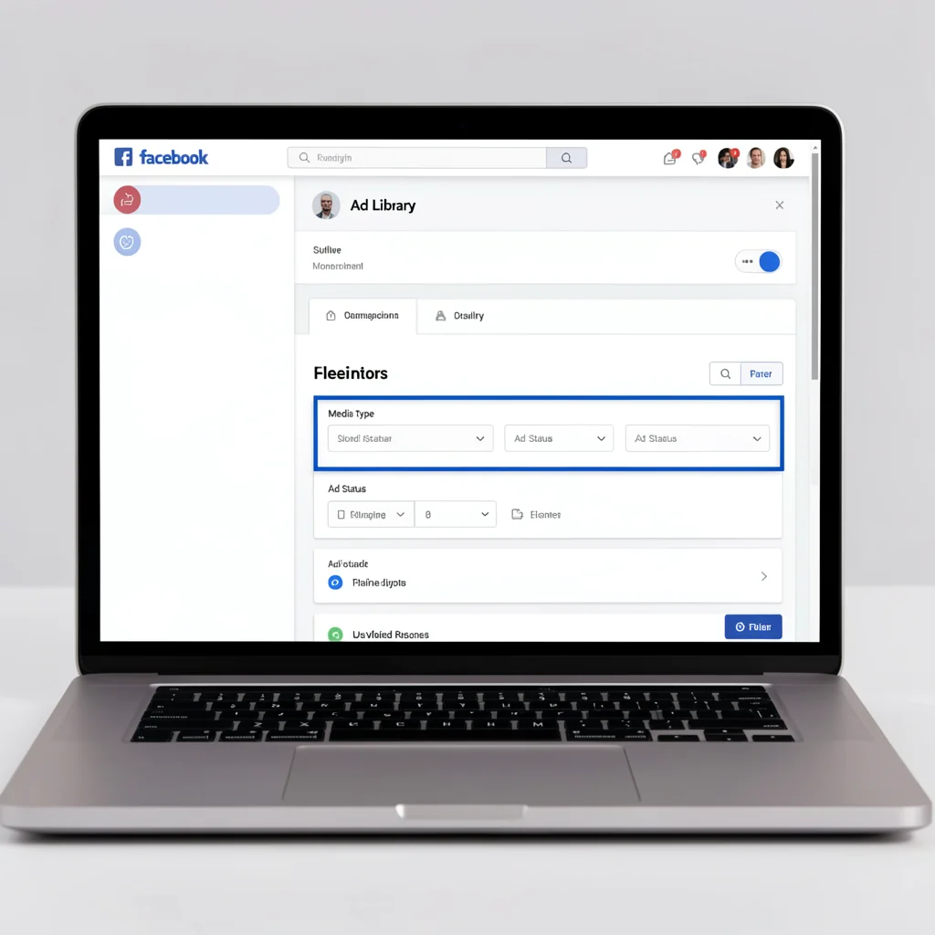 Interface da Biblioteca de Anúncios do Facebook em um laptop, com filtros avançados destacados, como tipo de mídia e status do anúncio.