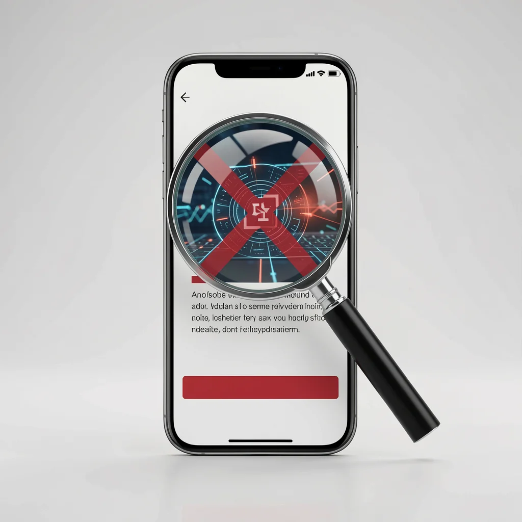 Lupa distorcendo um anúncio digital em um smartphone, simbolizando interpretação errada de anúncios de concorrentes.
