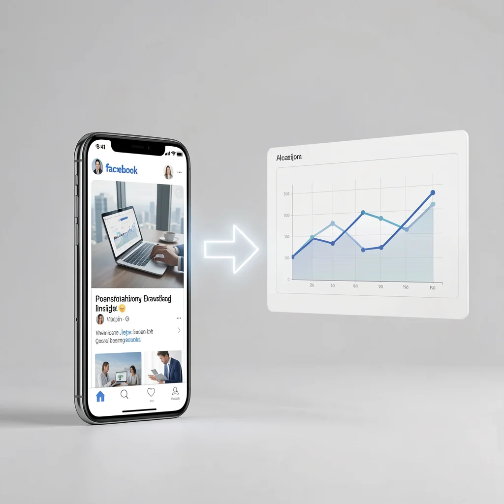 Smartphone exibindo um anúncio do Facebook com uma seta apontando para um painel de dados, representando a transformação de insights em testes.