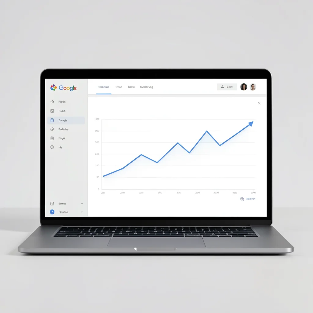 Dashboard do Google Trends em um laptop elegante, exibindo um gráfico de linha abstrato com tendência de alta, em estilo editorial corporativo.