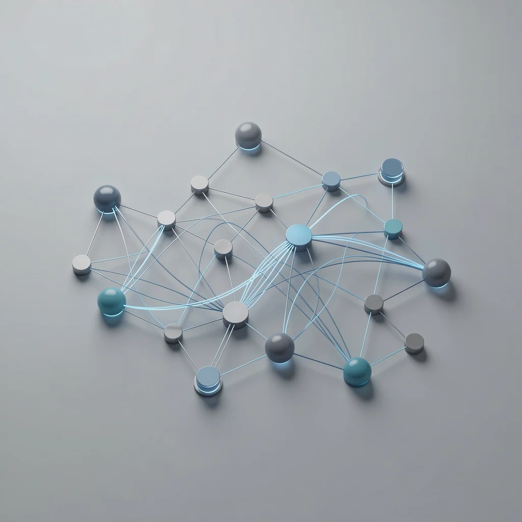 Infográfico abstrato com nós interconectados e linhas fluidas, representando a integração do Google Trends em uma estratégia de marketing digital.