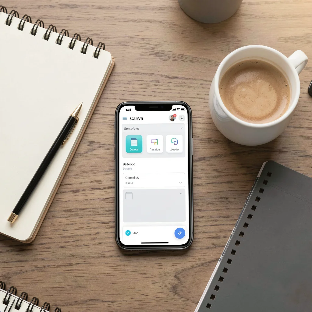 Mesa de trabalho com smartphone, caderno e café, tela do Canva com pastas organizadas